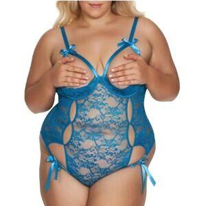 Frederick’s of Hollywood Skye Teal Blue Lace Open Cup Teddy 1X/2X NWT